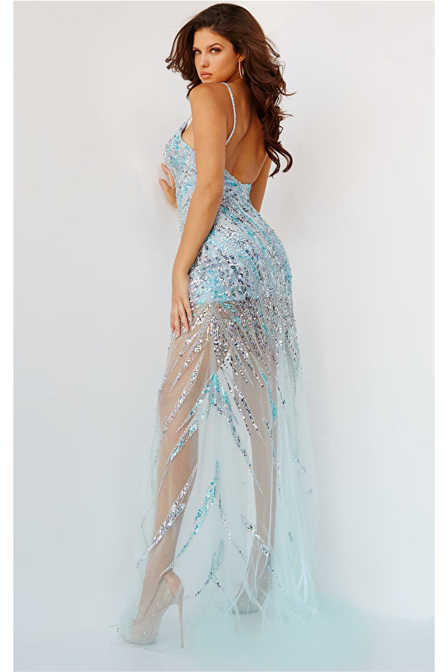 Model is showing back of the Jovani 04195 dress in the color aqua