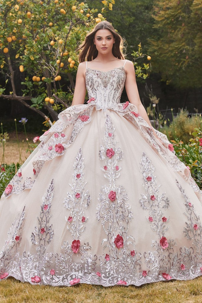 Lavish Queen | Layered Tulle Quince Ball Gown with Floral Applique | 15703