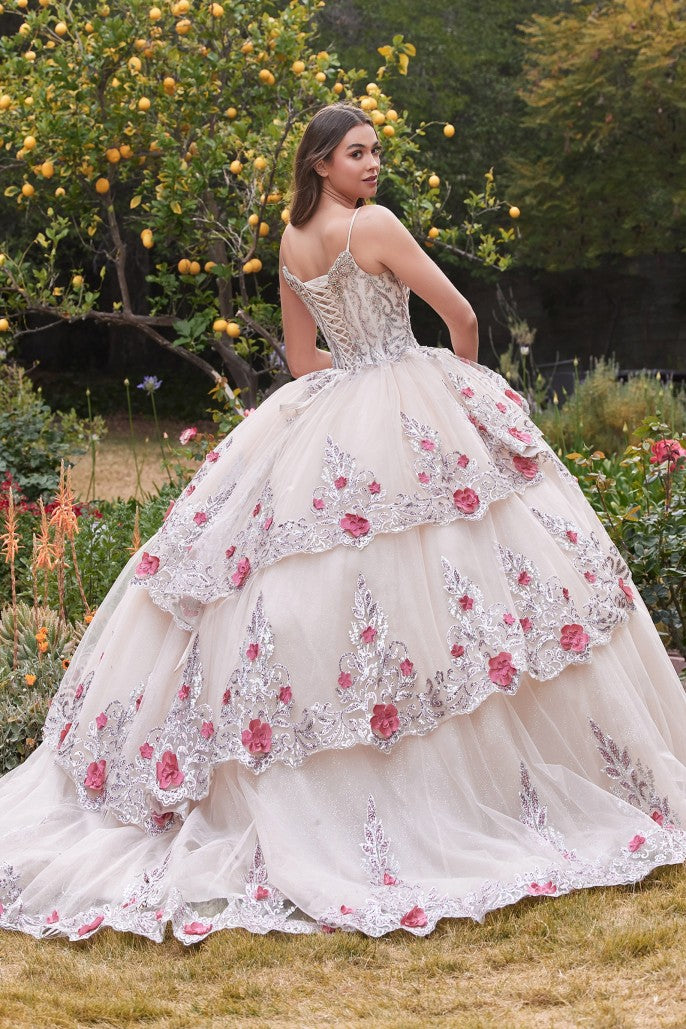 Lavish Queen | Layered Tulle Quince Ball Gown with Floral Applique | LaDivine 15703