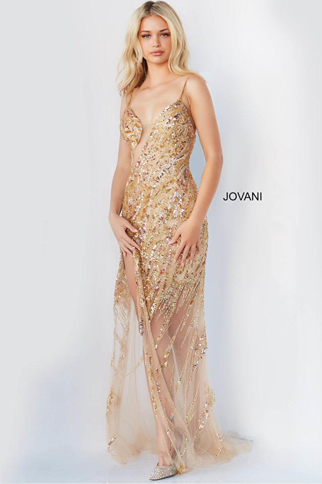 Model is wearing the Jovani 04195 dress in the color nude