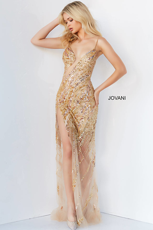 Model is posing in the Jovani 04195 dress in the color nude