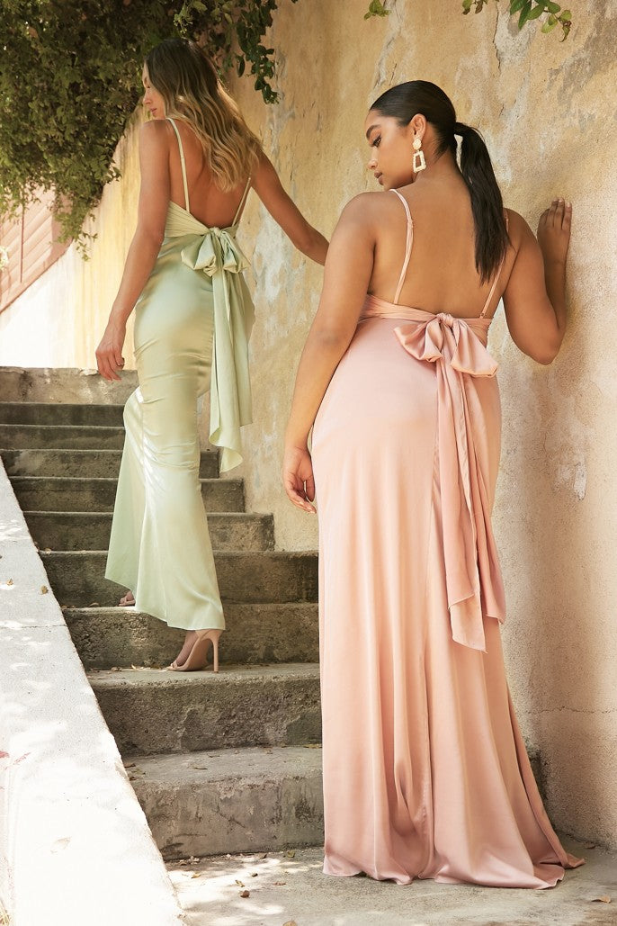 Honey | Fitted Satin Dress with Cowl Neckline and Open Tie Back | LaDivine 7487