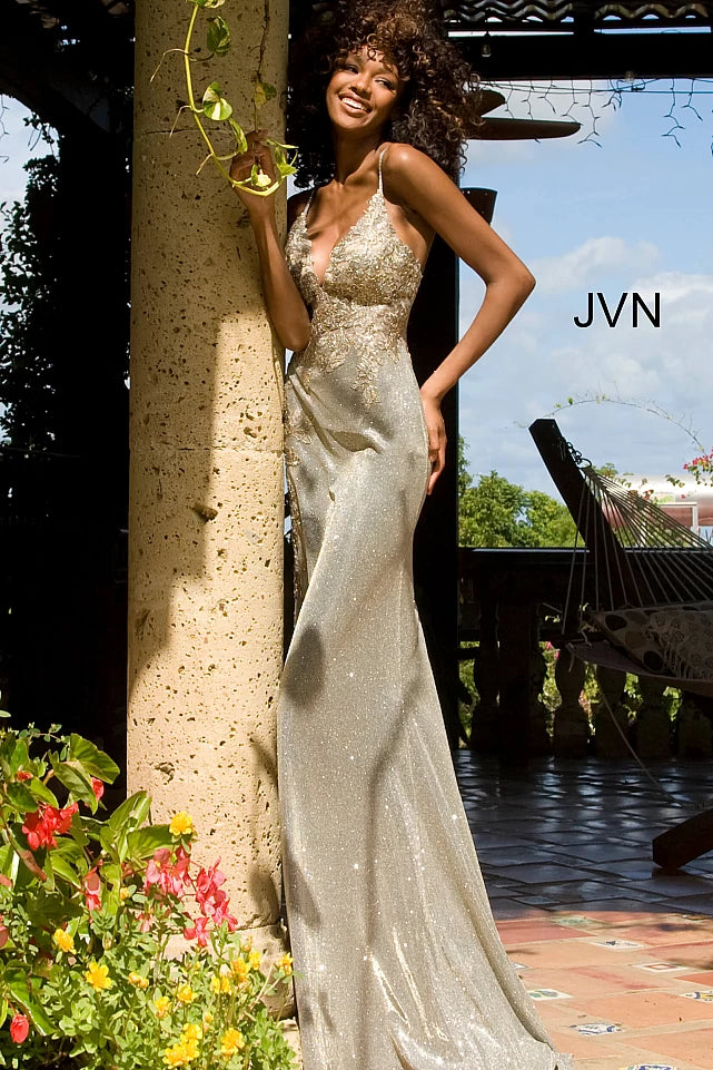 Angelis | Glitter Spaghetti Strap V Neck Embroidered Gown | JVN2205