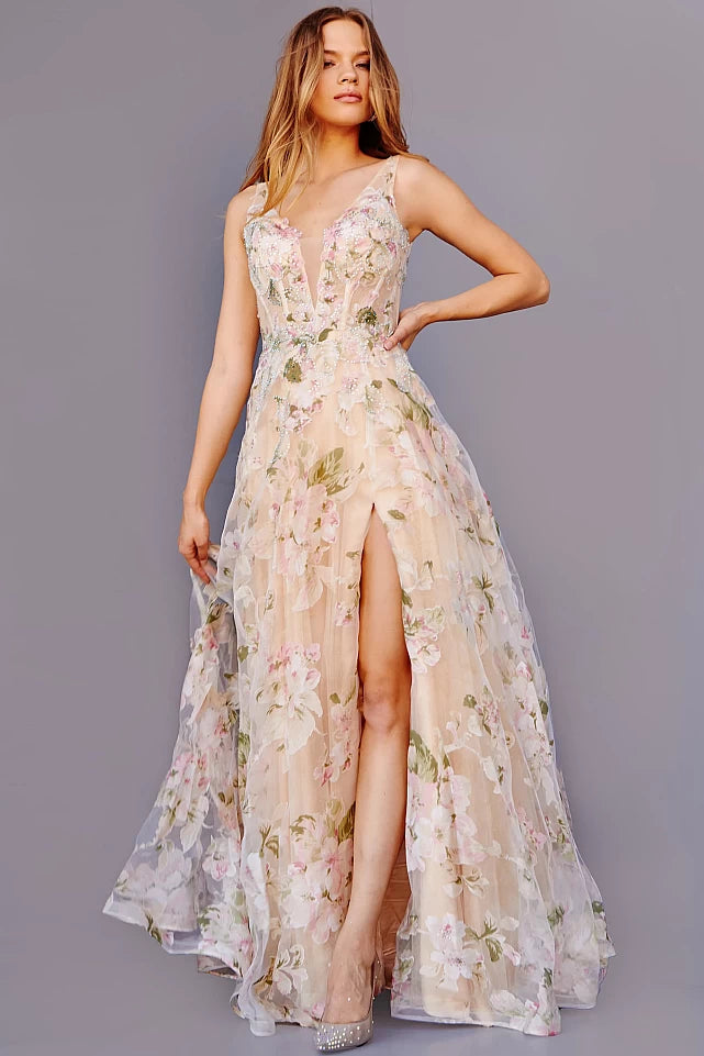 Floria | Floral Print Plunging Neck Maxi Gown | JVN23697