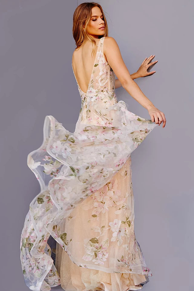 Floria | Floral Print Plunging Neck Maxi Gown | JVN23697
