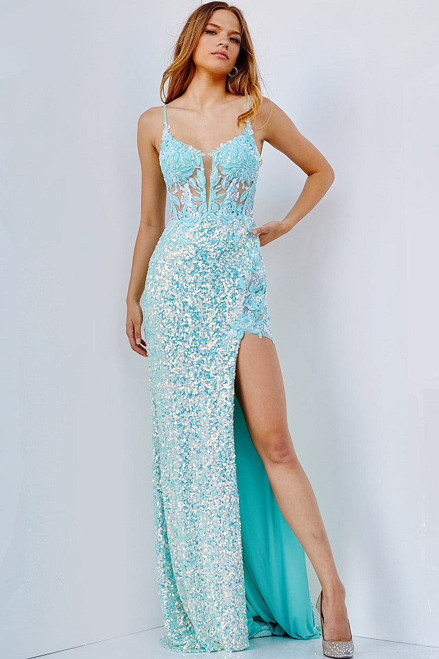 Makaya | Illusion Bodice Plunging Neck Gown | JVN24299
