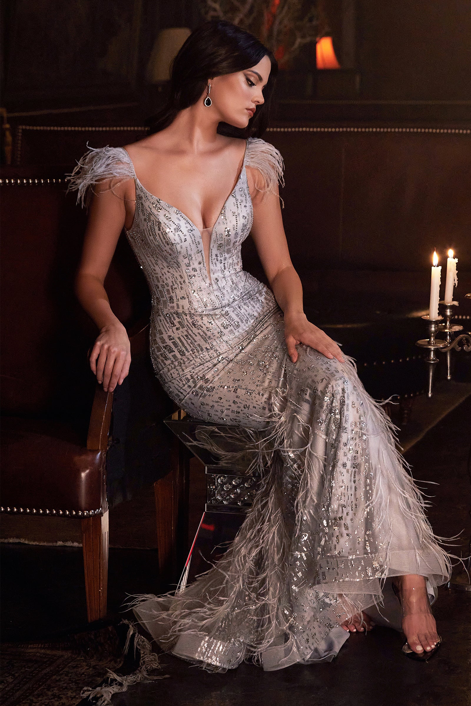 Ravishing | Fitted Glitter Mermaid Gown with Feathers | LaDivine CB088