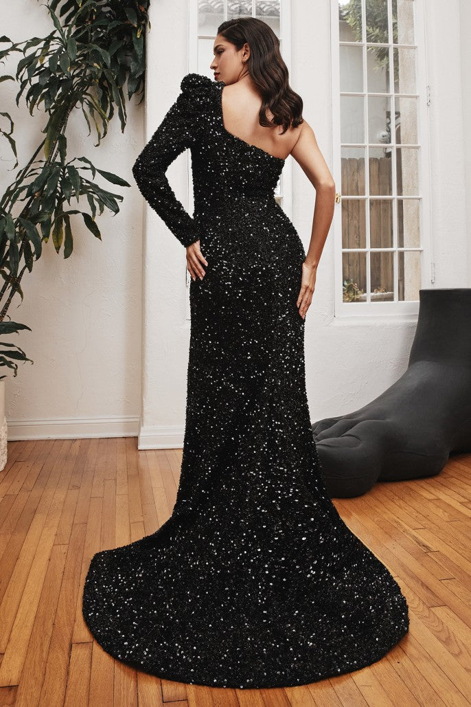 Sparkling | One Shoulder Long Sleeve Fitted Sequin Gown | LaDivine CD885