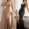 Two women in CH127 sequin gowns posing in front of a wall in colors black and gold
