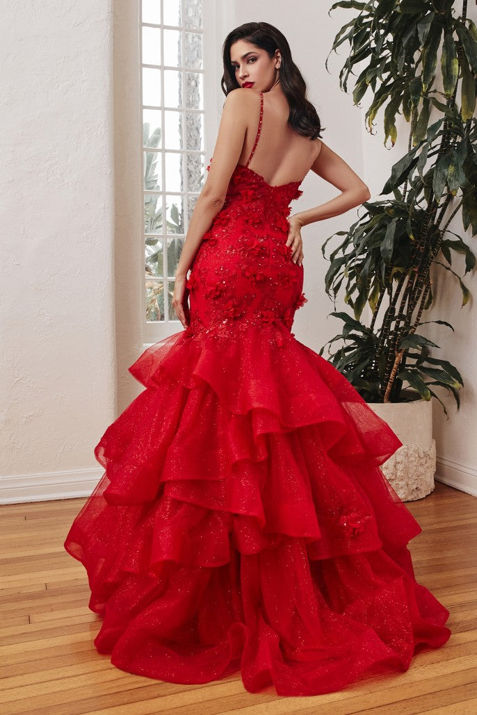 Show Me Off | Red Mermaid Tiered Floral Gown | CM329