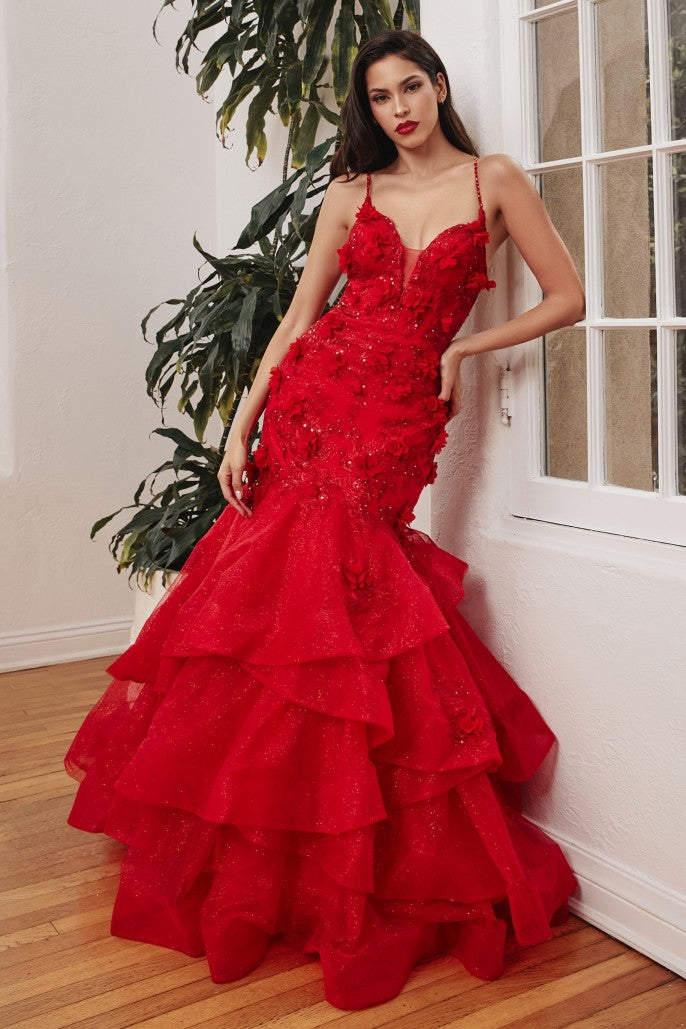 Show Me Off | Red Mermaid Tiered Floral Gown | CM329