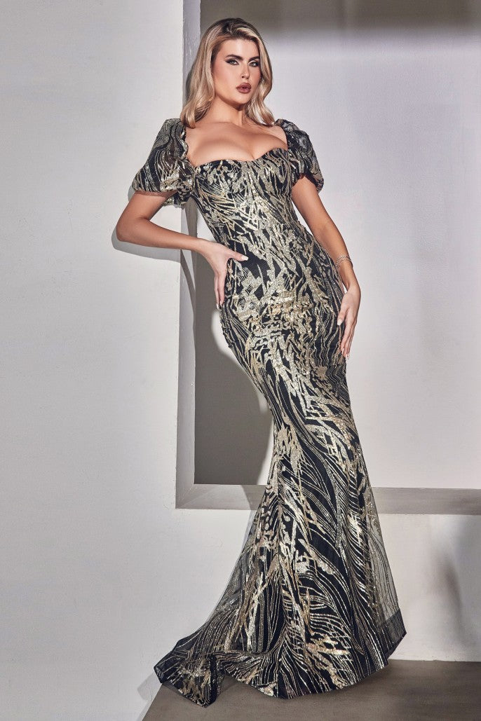 Modish | Glitter Printed Fitted Gown with Puff Sleeves | LaDivine J833